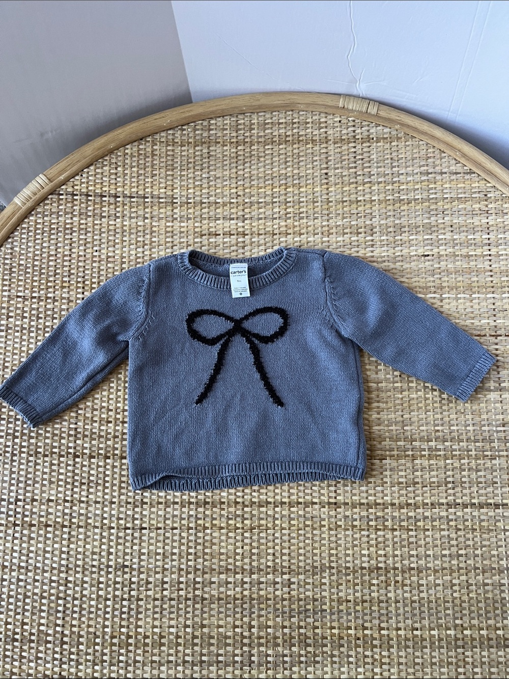Carter's baby knit sweater textured black bow Design Periwinkle blue grey 9 mo.